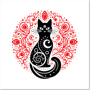 The Mystery Feline Mandala. Black & Red Posters and Art